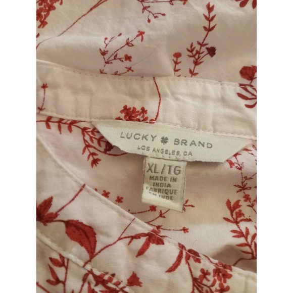Lucky Brand Floral Printed Peasant Top Red White Cottagecore 100% Cotton Size XL - Picture 3 of 5